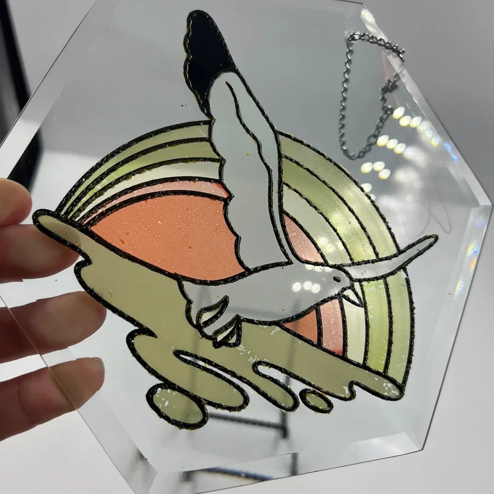 Vintage Reverse Painted Glass Flying Geese Rainbow Wall Hanging Hexagon 8in
